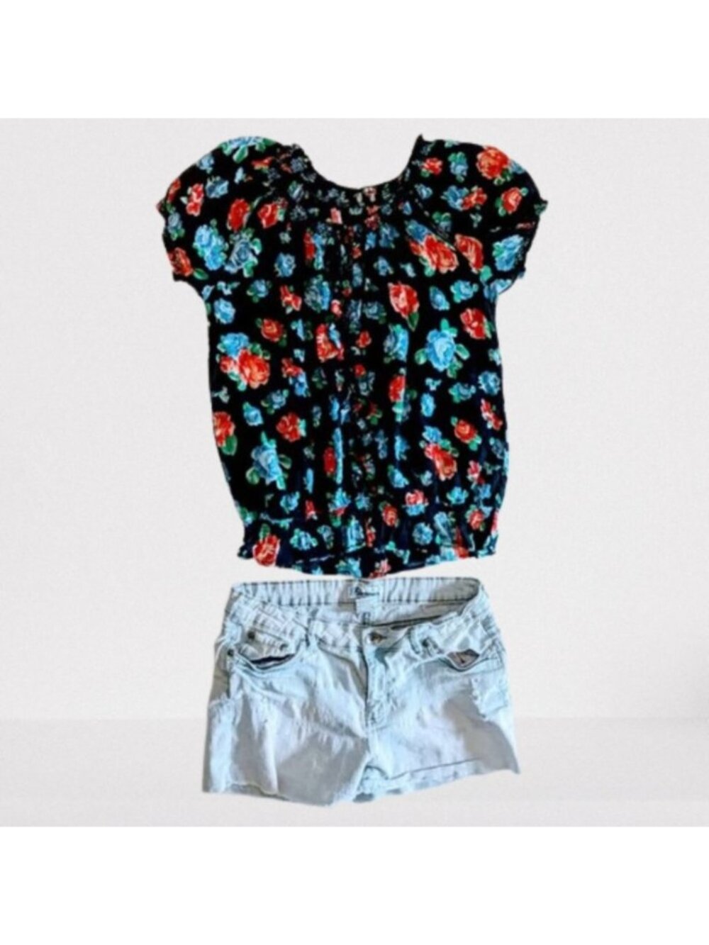 Blue Crush Cut Off Jean Shorts Daisy Duke Style and Boho Floral Off Shoulder Top